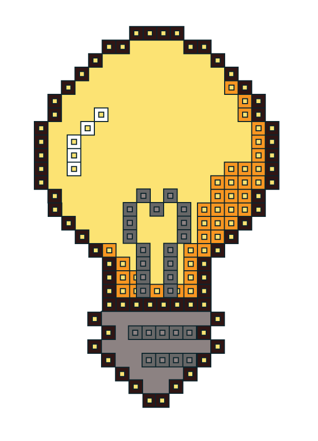 Linework block image of a lightbulb now illuminated