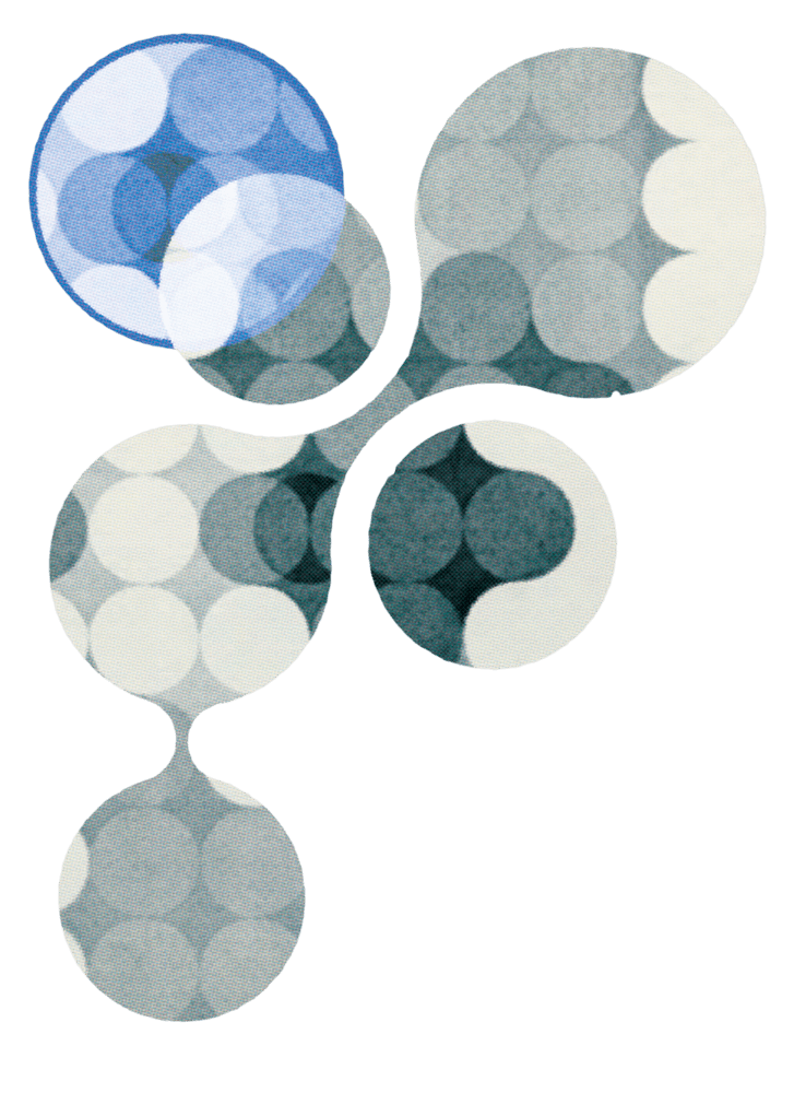 A collection of Bauhaus-style dots and waves in warm grey with a texture effect. One of the circles is in a pale royal blue overlapping the grey circles.